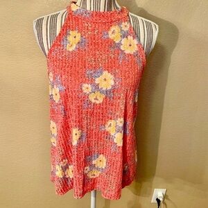 NEW W5 Tunic Top Large Sleeveless Faded Red Floral Gold Blue Greens Buttons